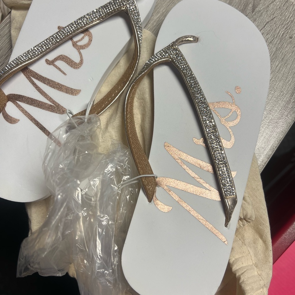 Elegant White, rose gold, and Silver Women's Mrs. Wedding/honeymoon  flip flops